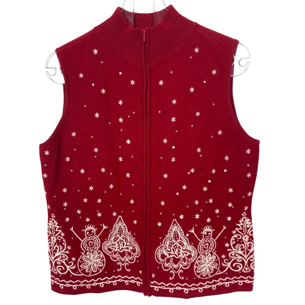 Talbots Red Wool Embroidered Holiday Vest Small Snowflake Snowman Full Zip XMas